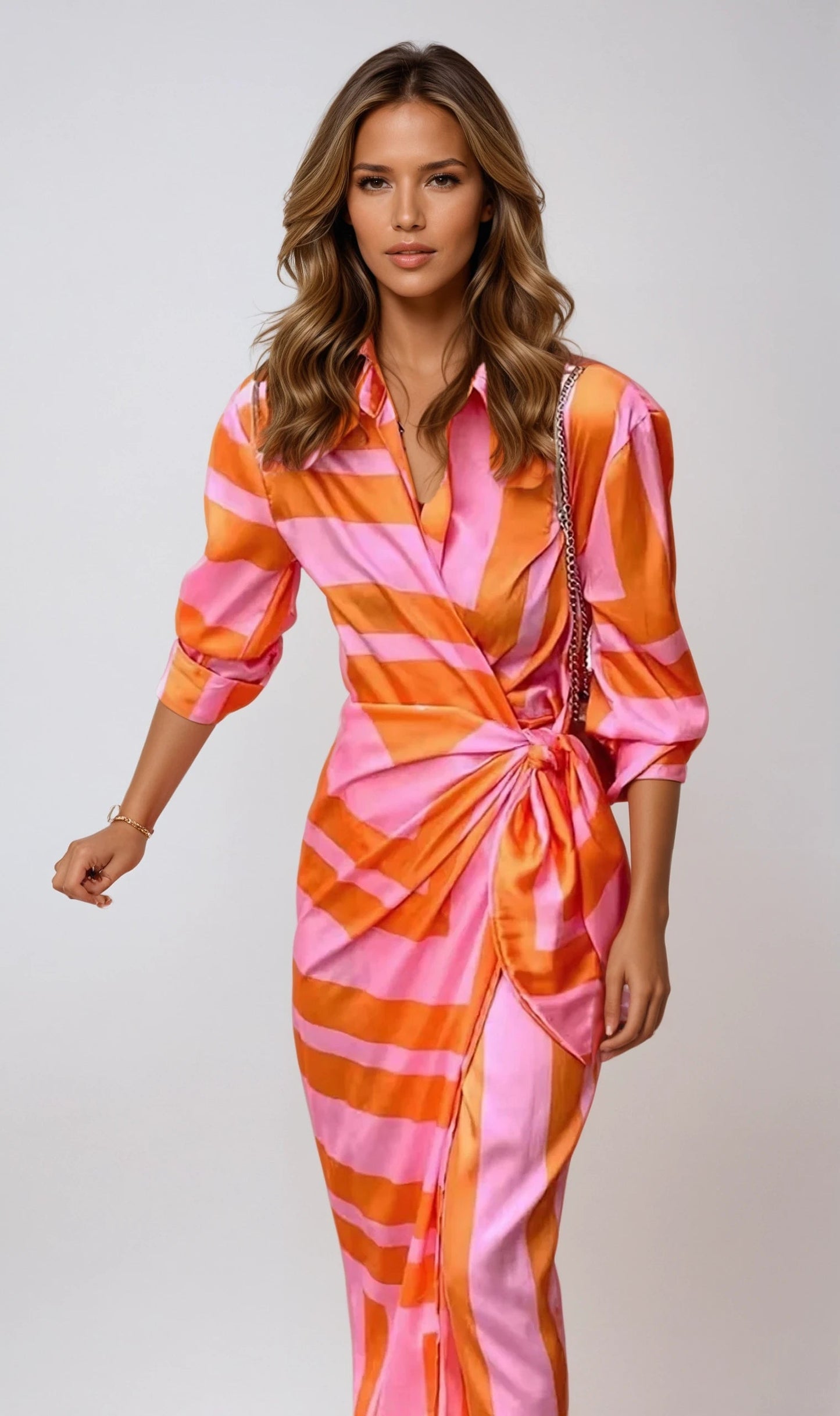Elegant Maxi Dress with Abstract Print & Waist Detail - Long Sleeve Maxi Dresses for Women-1