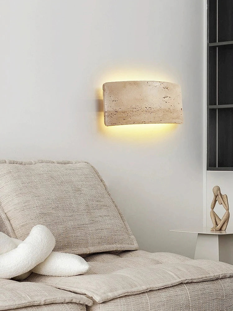 AuraGlow – Contemporary Wall Light Featuring Travertine and Glass