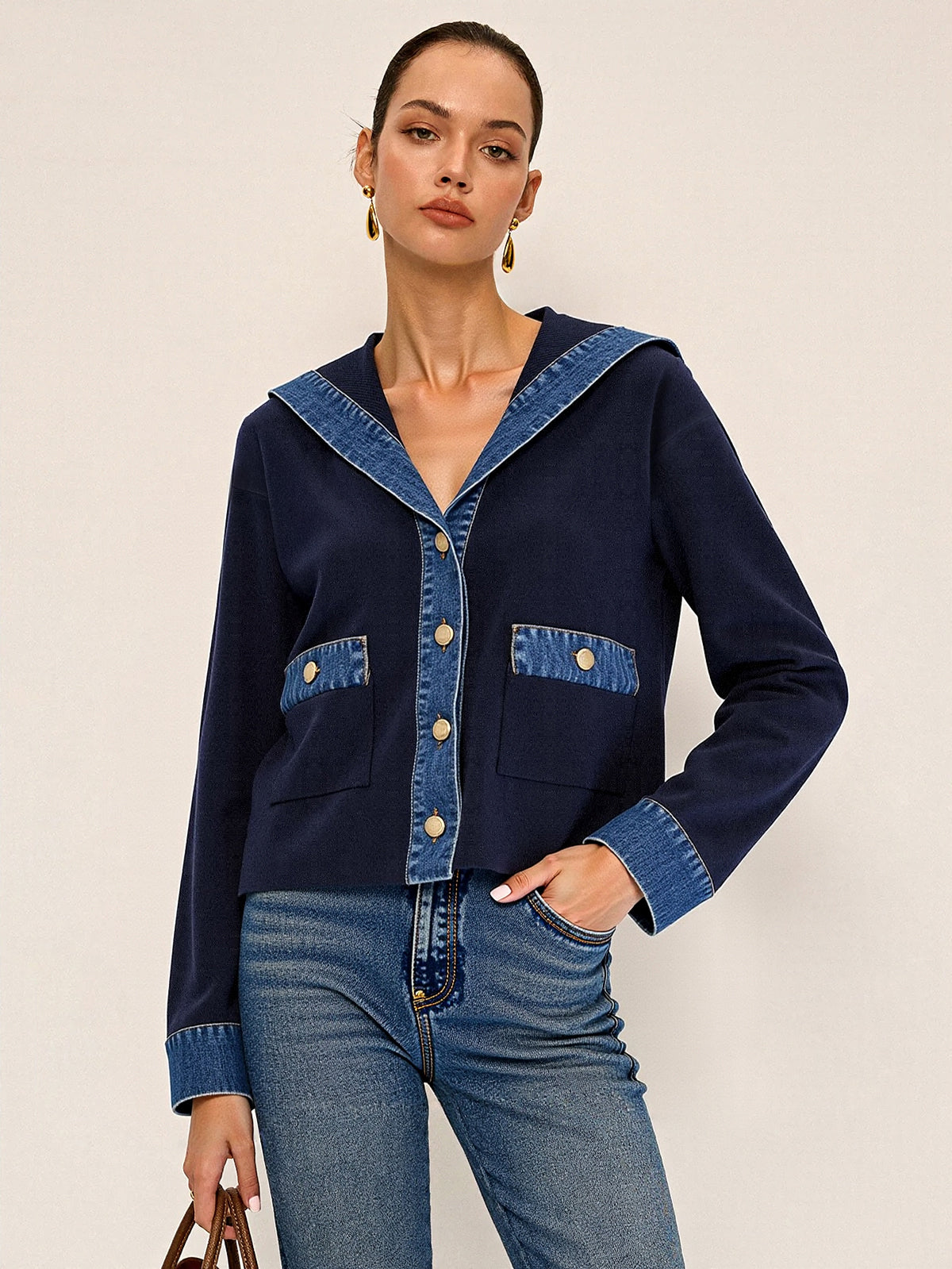 Sailor Collar Denim Trim Knit Outerwear 5