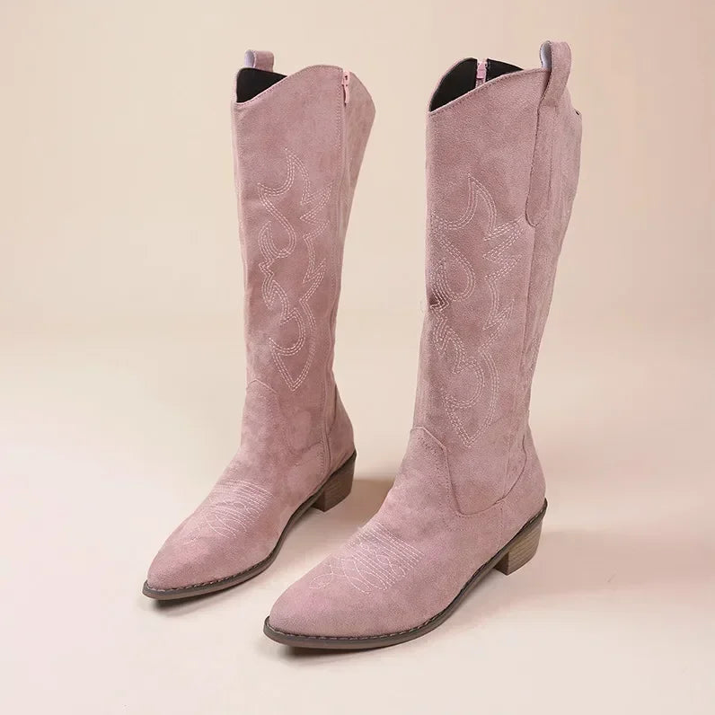 Stylish Women's Cowboy Boots in Suede with Embroidery and Block Heel for Casual Boho Looks 0