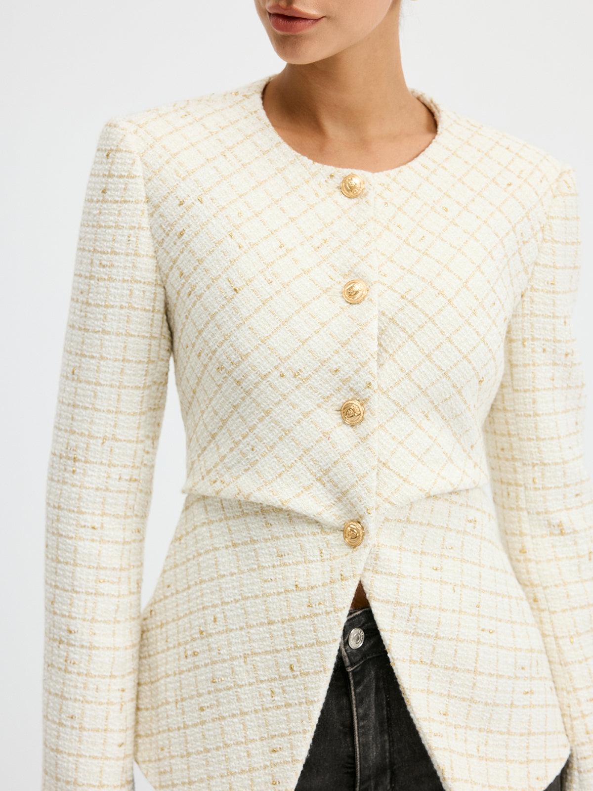 Tweed Round Neck Waist-Cinching Blazer 4