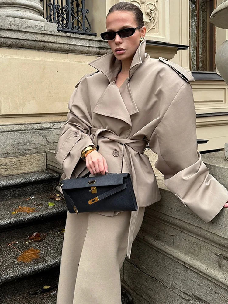 Vintage Women's Short Trench Coat with Turn-Down Collar and Shoulder Pads - Chic Women's Jacket 3