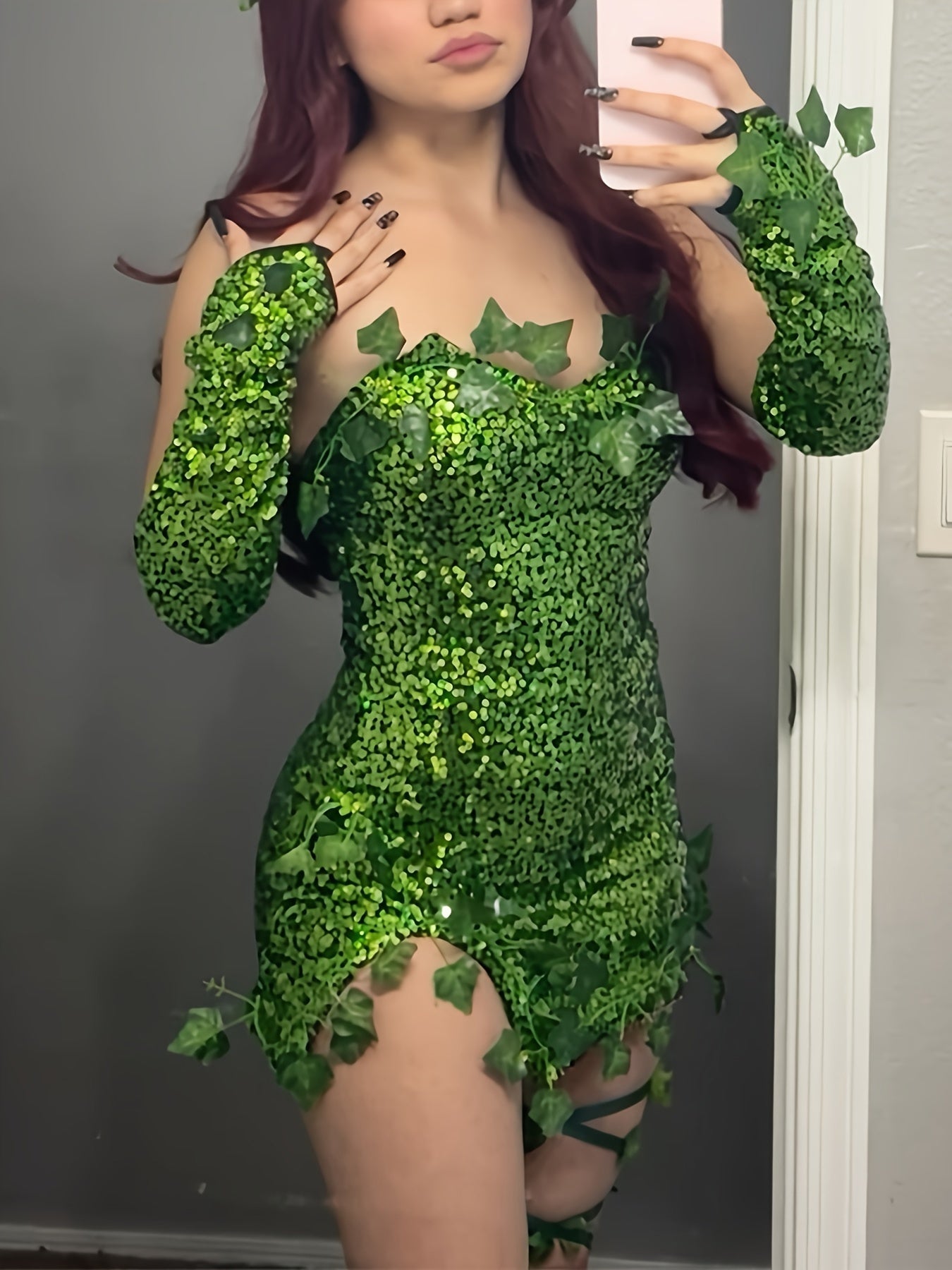 Women Sequin Leaf Halloween Costume Dress | Strapless Mini 3