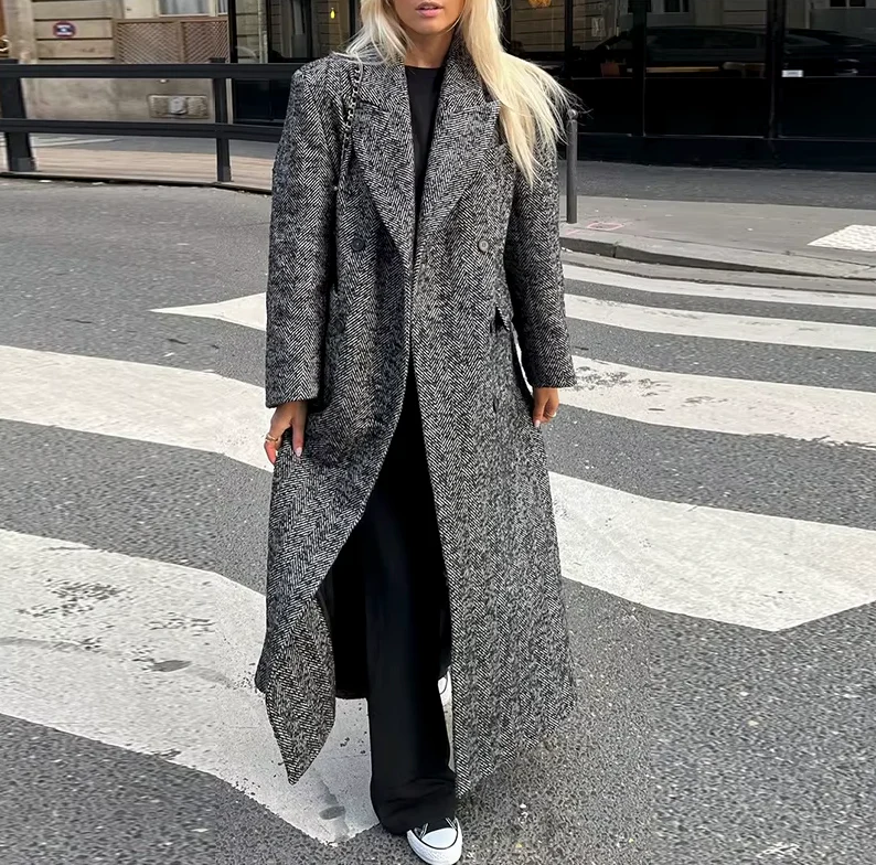 Women's Double-Breasted Wool Coat with Herringbone Pattern – Tailored Fit Winter Coat for Women 0