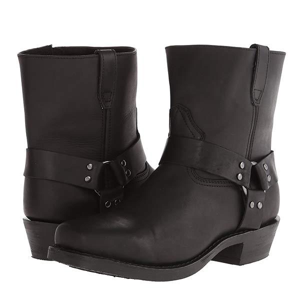 Women's Mid-Cut Black Leather Biker Boots with Harness Detail – Durable and Stylish 0