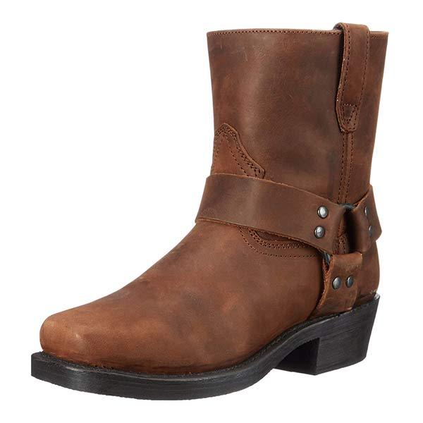 Women's Mid-Cut Black Leather Biker Boots with Harness Detail – Durable and Stylish 1