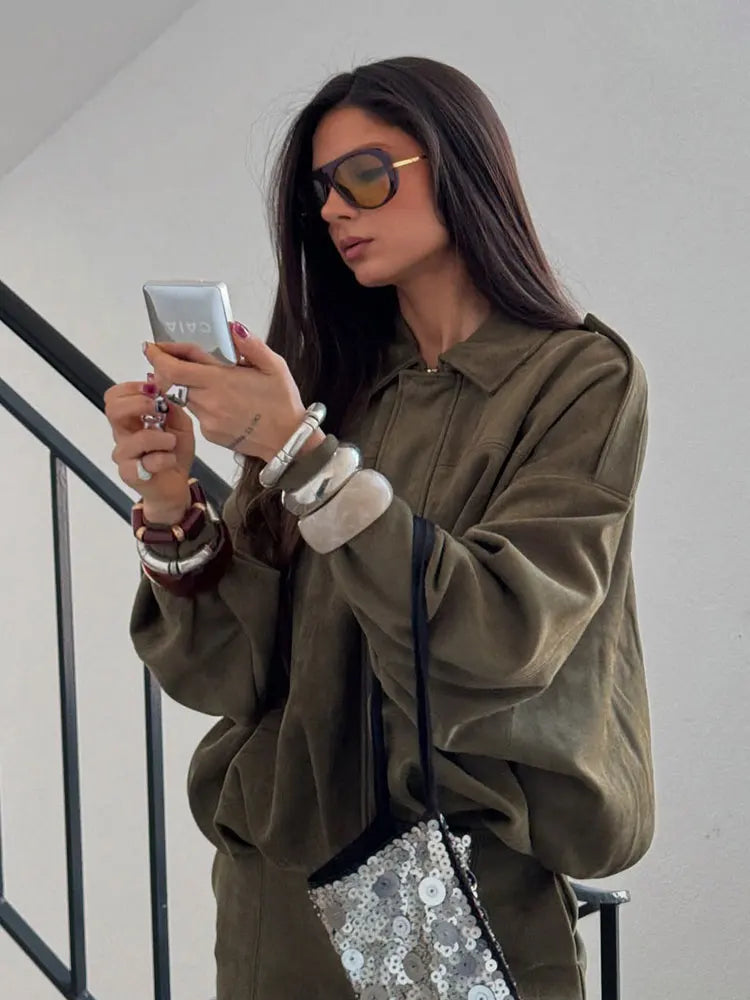Women's Suede Bomber Jacket in Brown and Green – Casual Vintage Motorcycle Coat with Zipper Closure 5