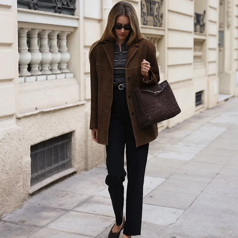 Women's Vintage Brown Suede Leather Jacket – Demi-Season Autumn Winter Outerwear 3