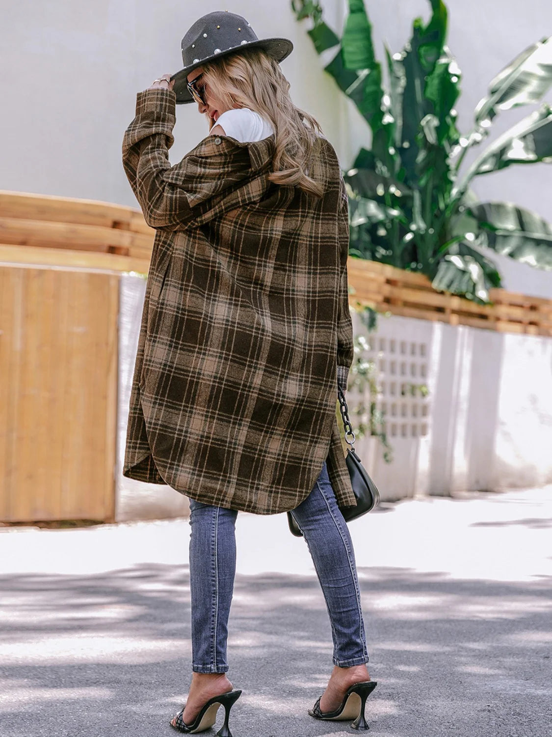 Cappotto lungo da donna in misto lana a quadri con colletto a rever - Cappotto invernale a vestibilità ampia per abbigliamento casual e da lavoro