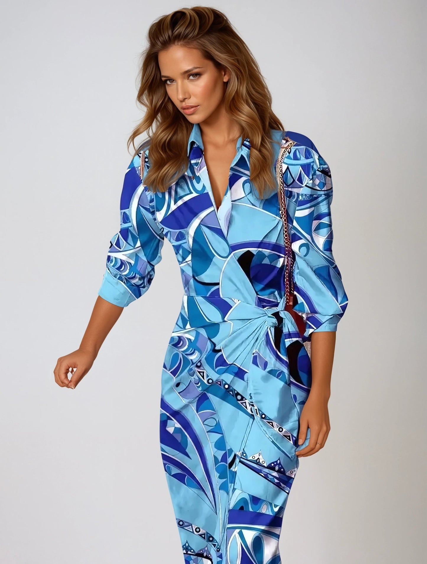Variant image for Elegant Maxi Dress with Abstract Print & Waist Detail - Long Sleeve Maxi Dresses for Women-37