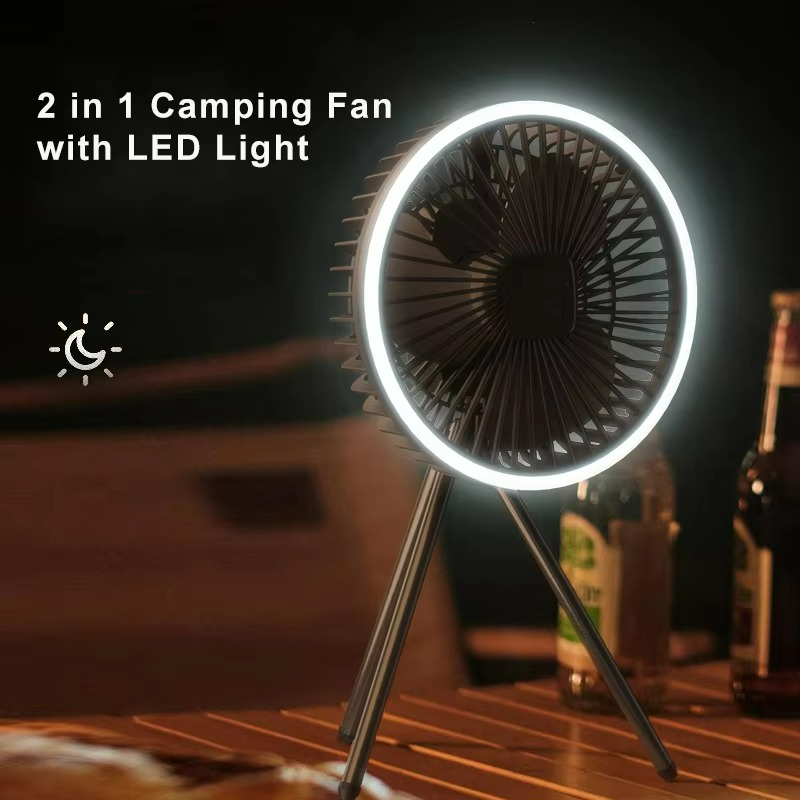Bezprzewodowy przenośny wentylator kempingowy z lampą LED, z możliwością ładowania