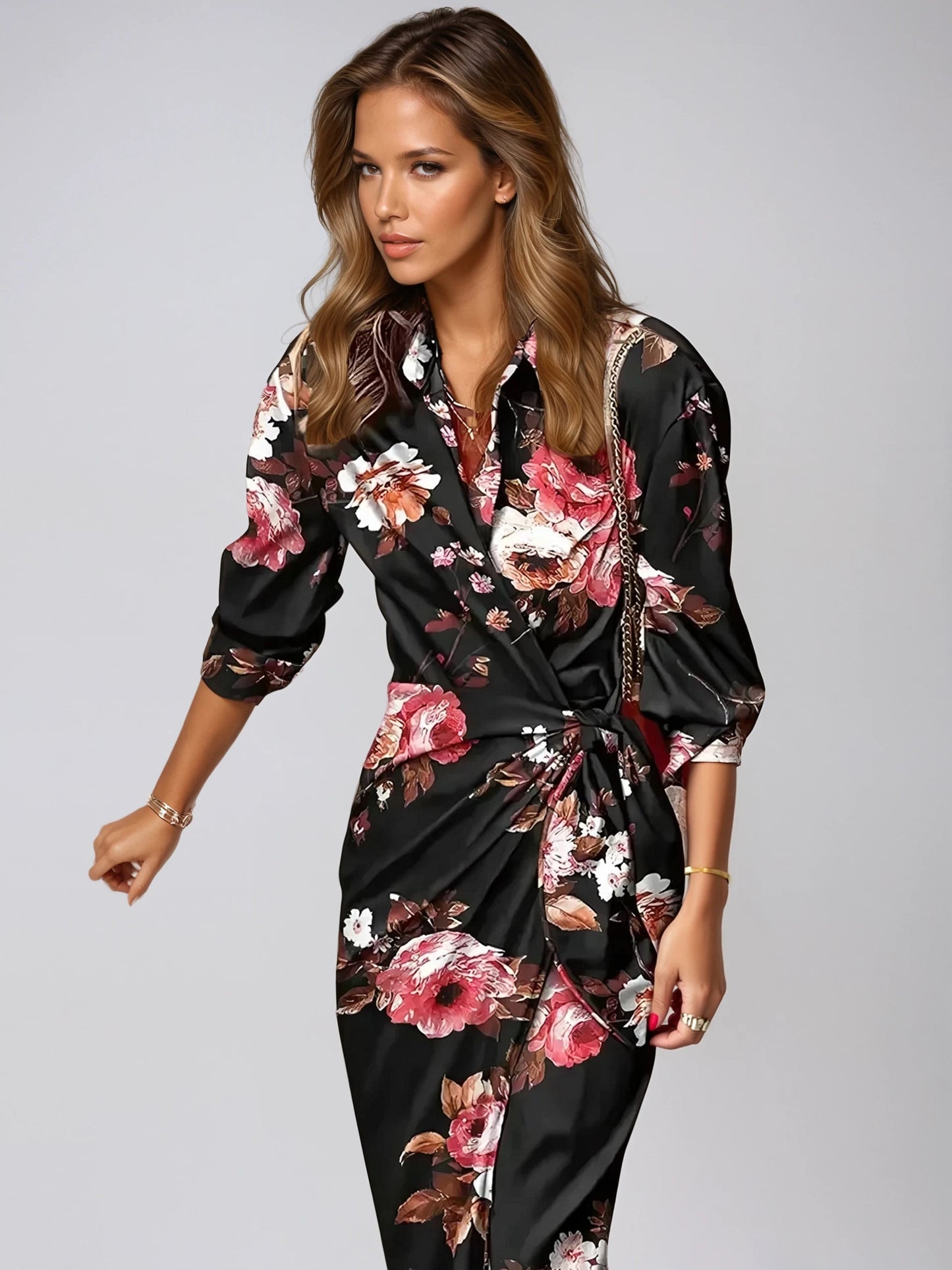 Elegant Maxi Dress with Abstract Print & Waist Detail - Long Sleeve Maxi Dresses for Women-6