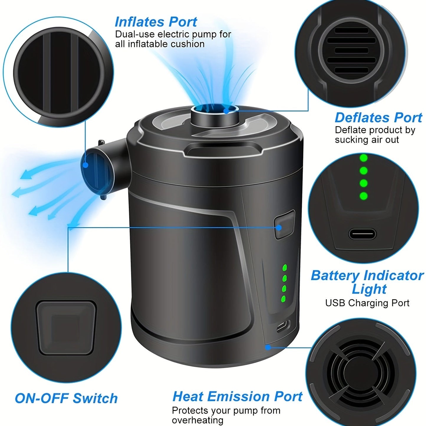 Rechargeable Wireless Mini Electric Air Pump - Lightweight USB Pump for Outdoor Use, Inflates Air Beds and More-5