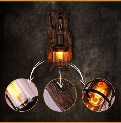 GlasGlow - Cylindrical Wall Lamp with Glass, Iron, and Wood Base