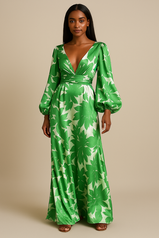 Hymans - Elegant V-Neck Loose-Fitting Maxi Dress for Women - Summer Party Wear-1