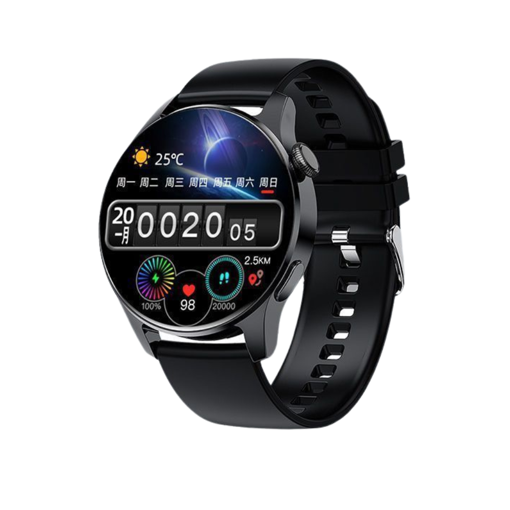 Klassisk smartwatch med sundhedsovervågning, notifikationer og vandmodstand – elegant design