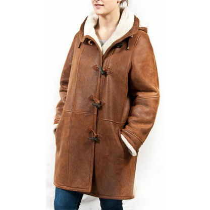 Women's Hooded Long Jacket with Shearling Lining – Relaxed Fit Winter Coat for Casual Wear