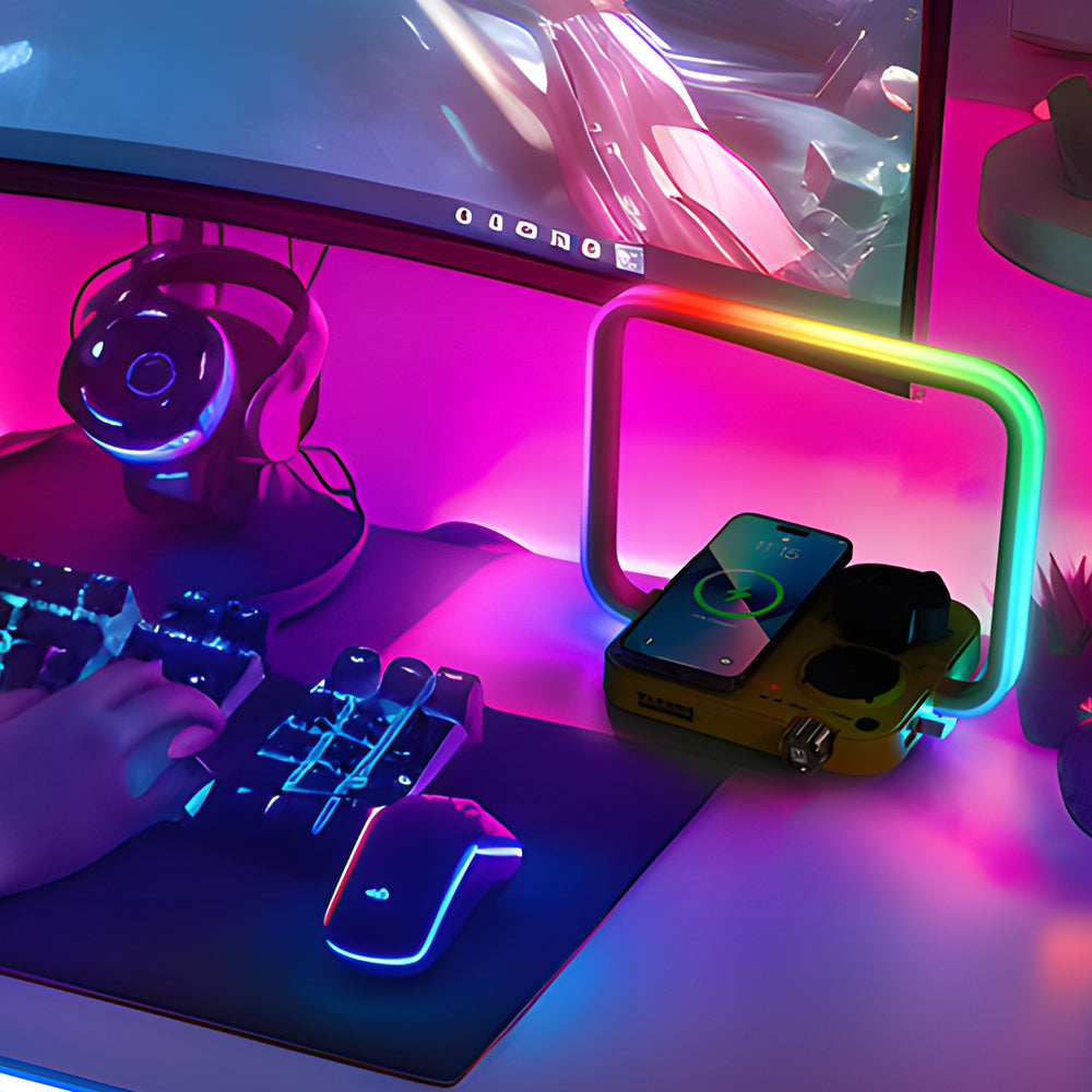 GlowSync - Lampada da tavolo con ricarica wireless RGB multifunzionale