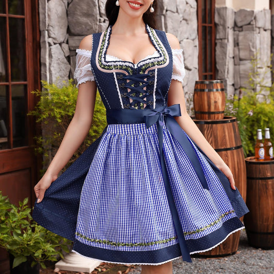 3-piece dirndl in blue – Oktoberfest | Classic traditional costume set with apron and blouse 0