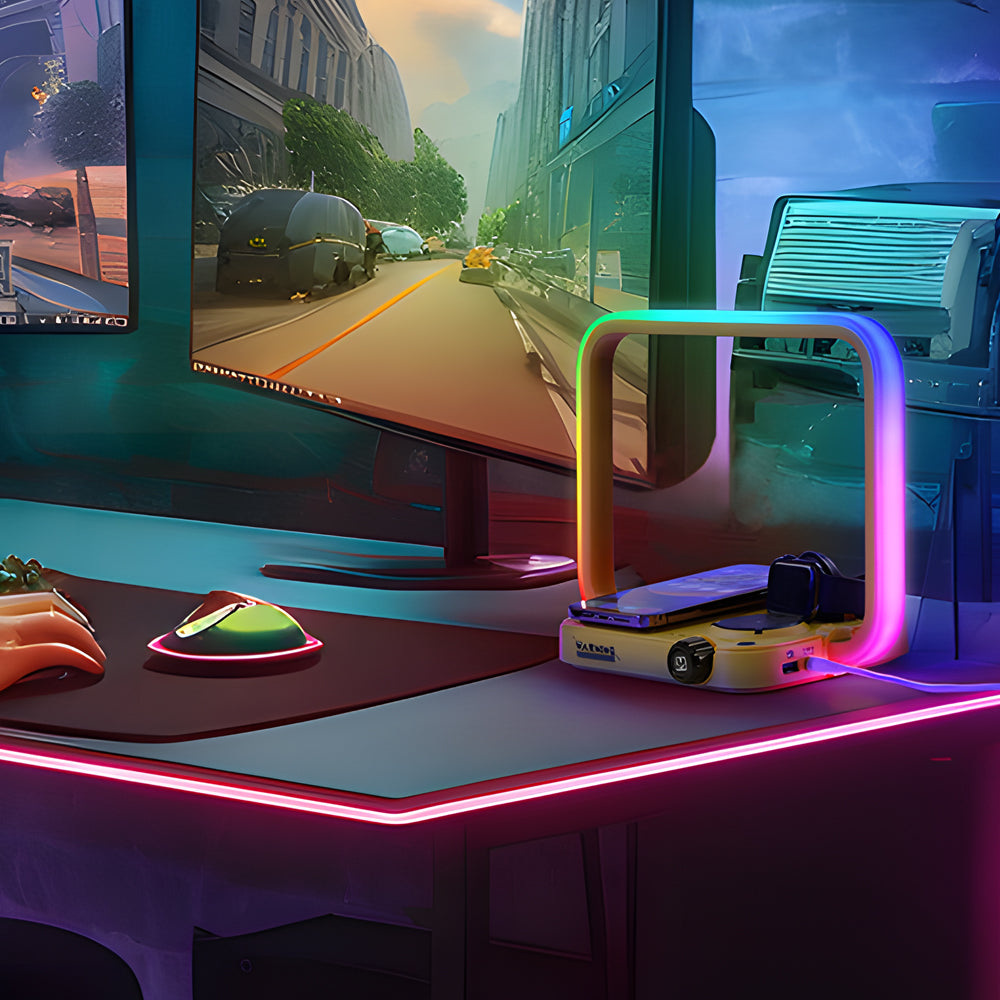 GlowSync - Lampada da tavolo con ricarica wireless RGB multifunzionale