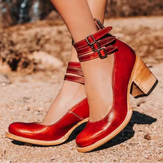 Vintage Chunky Heel Women's Pumps with Elegant Ankle Strap for Comfort-1
