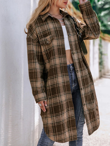 Cappotto lungo da donna in misto lana a quadri con colletto a rever - Cappotto invernale a vestibilità ampia per abbigliamento casual e da lavoro