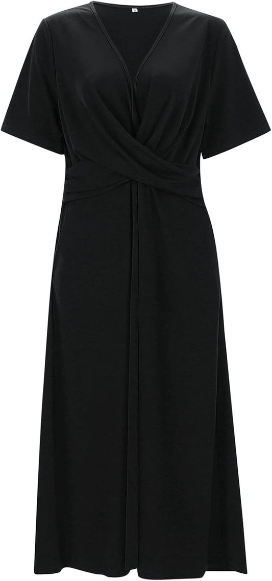 Vintage Women's Dress with V-Neck and Short Sleeves for Timeless Elegance-1