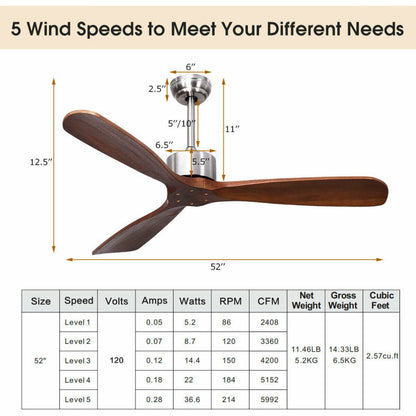 52 Inch Modern Brushed Nickel Finish Ceiling Fan with Remote Control 6