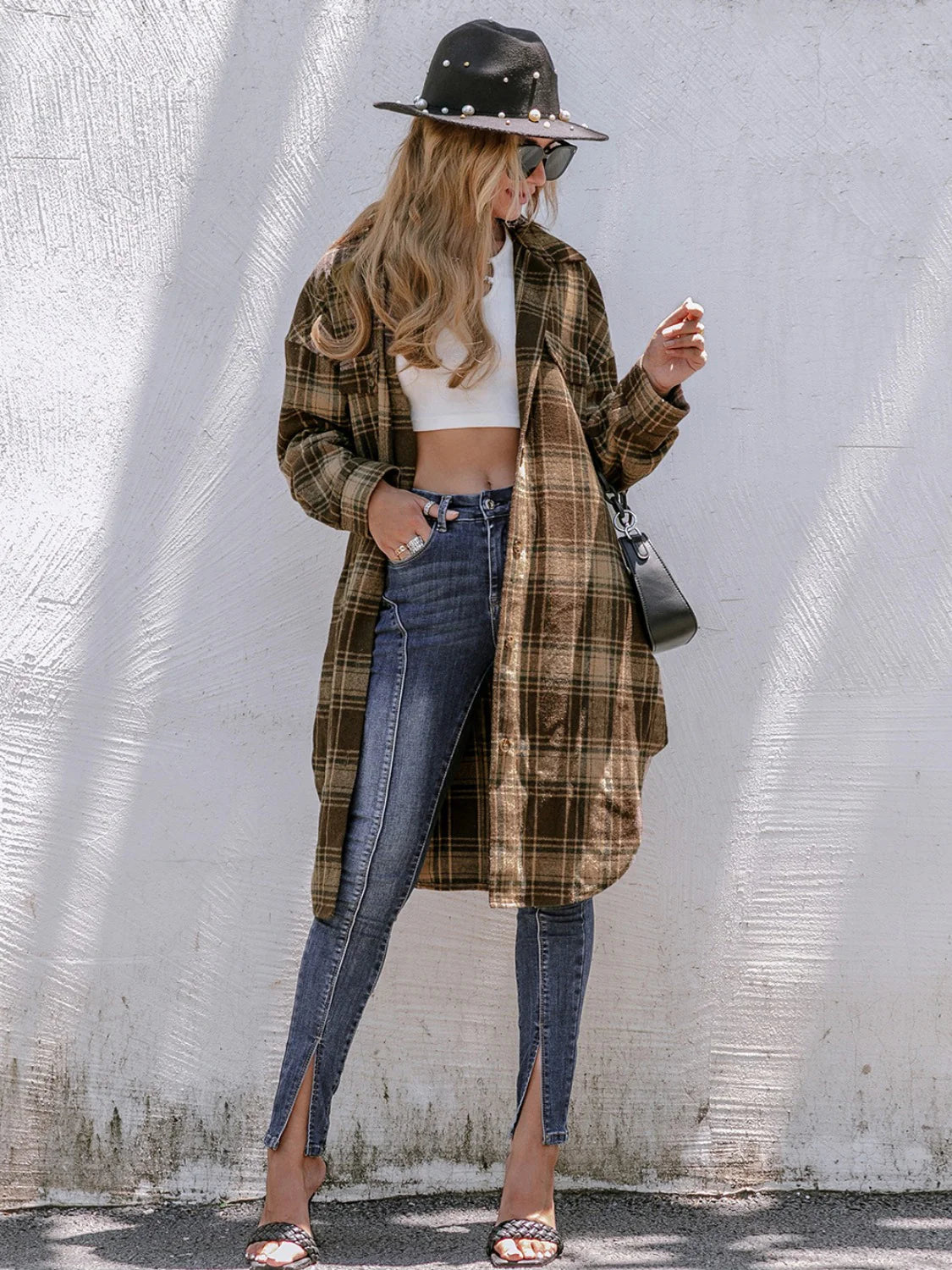 Cappotto lungo da donna in misto lana a quadri con colletto a rever - Cappotto invernale a vestibilità ampia per abbigliamento casual e da lavoro