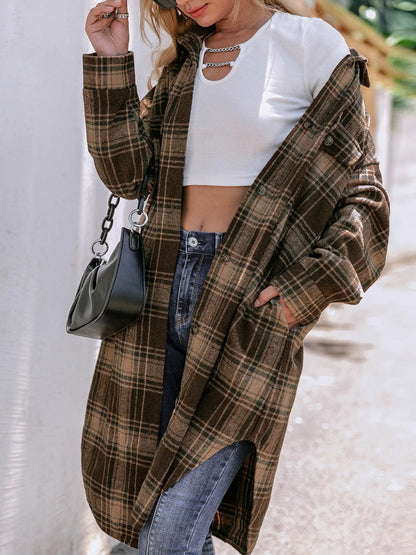 Cappotto lungo da donna in misto lana a quadri con colletto a rever - Cappotto invernale a vestibilità ampia per abbigliamento casual e da lavoro