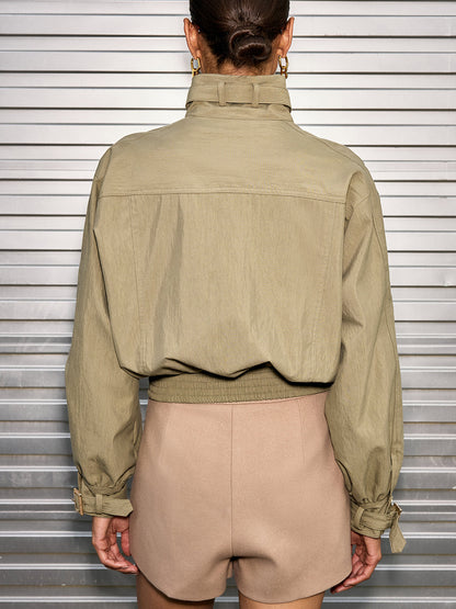 Belted Collar Cotton Blend Cropped Jacket 4