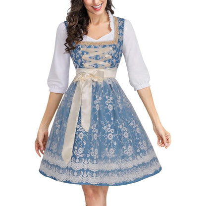 Blue dirndl dress with blouse & lace apron – Oktoberfest | Festive traditional costume for women 0