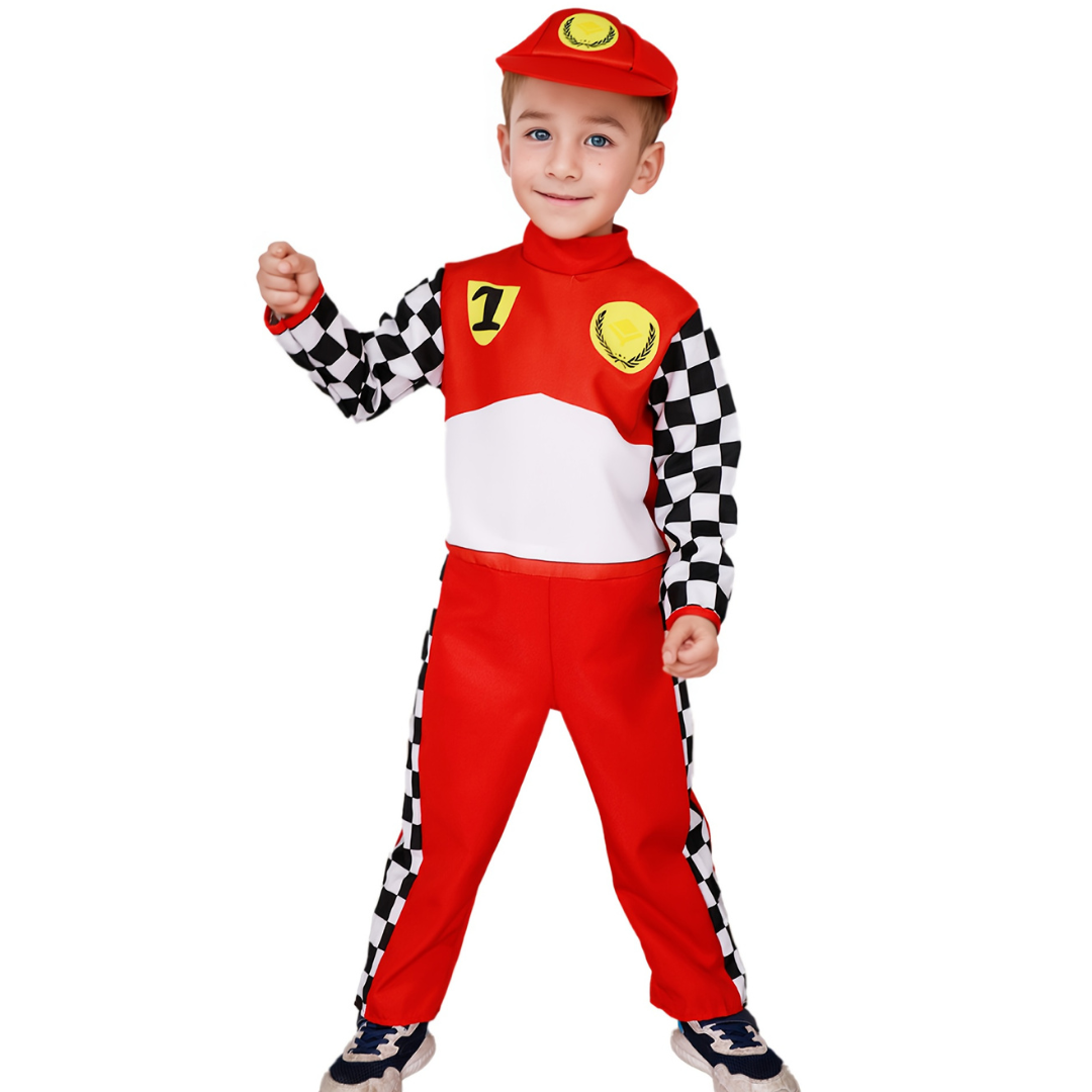 Boys Fun Halloween Racing Costume Set | Checkered Long Sleeve Jumpsuit 0