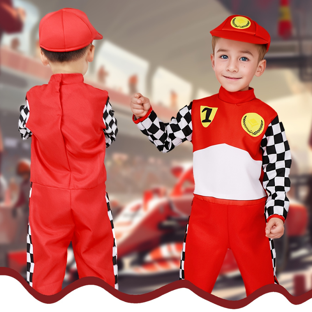 Boys Fun Halloween Racing Costume Set | Checkered Long Sleeve Jumpsuit 1