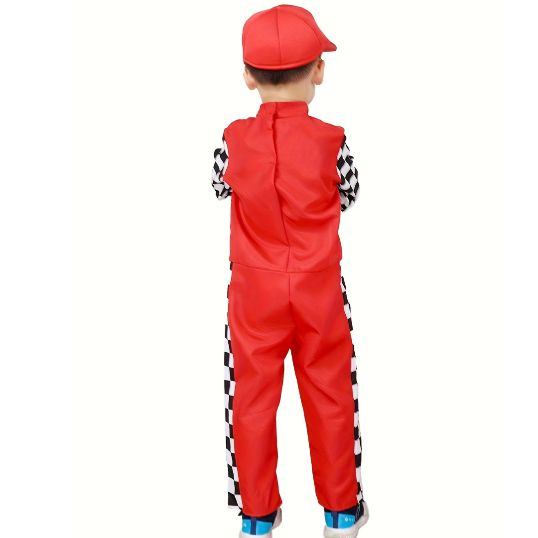 Boys Fun Halloween Racing Costume Set | Checkered Long Sleeve Jumpsuit 2