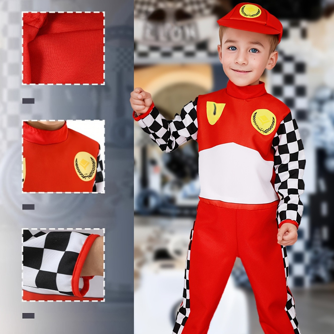 Boys Fun Halloween Racing Costume Set | Checkered Long Sleeve Jumpsuit 3