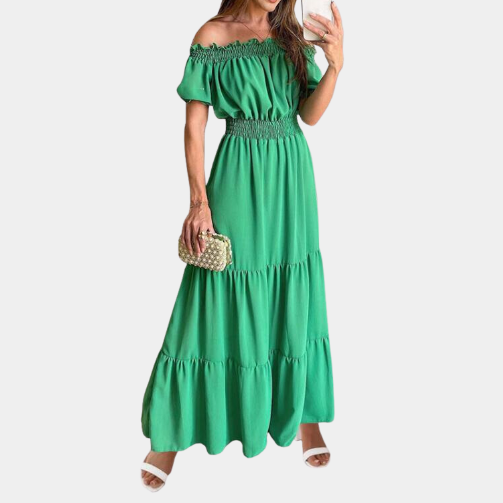 Women's Maxi Dress Green Size M Cotton Off Shoulder Summer Dress-1