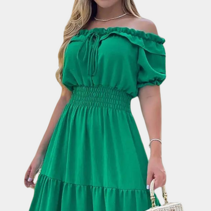 Women's Maxi Dress Green Size M Cotton Off Shoulder Summer Dress-3