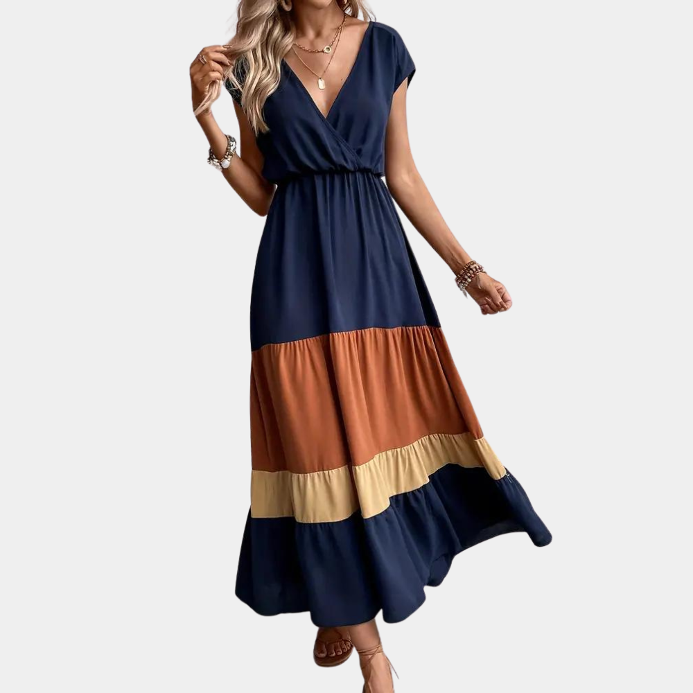 Women's Summer Dress Brown Size M Cotton V-Neck-4