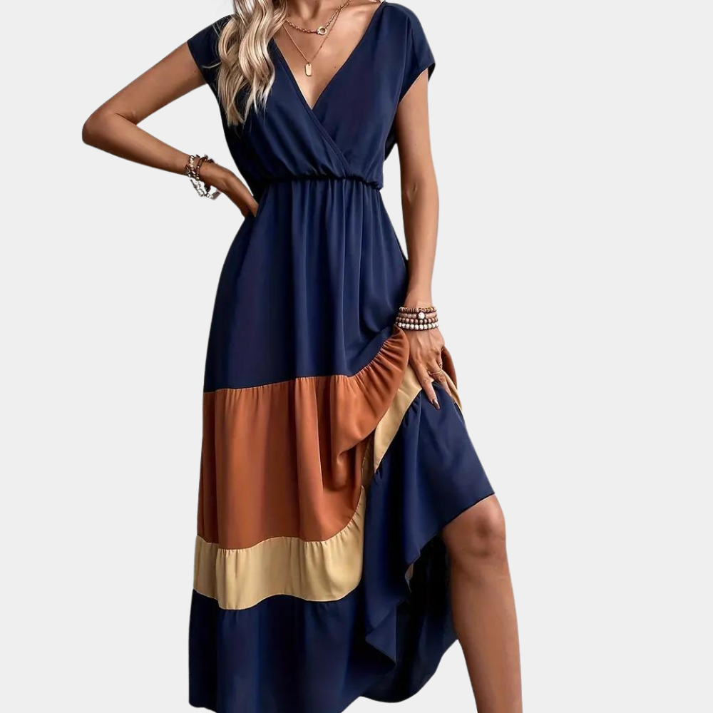 Women's Summer Dress Brown Size M Cotton V-Neck-1