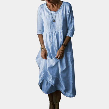 Variant image for Hanna - Womens Vintage Midi Dress with Elbow Sleeves in Cotton-Linen Blend-11