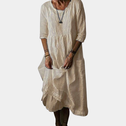 Variant image for Hanna - Womens Vintage Midi Dress with Elbow Sleeves in Cotton-Linen Blend-16