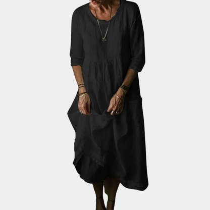Variant image for Hanna - Womens Vintage Midi Dress with Elbow Sleeves in Cotton-Linen Blend-1