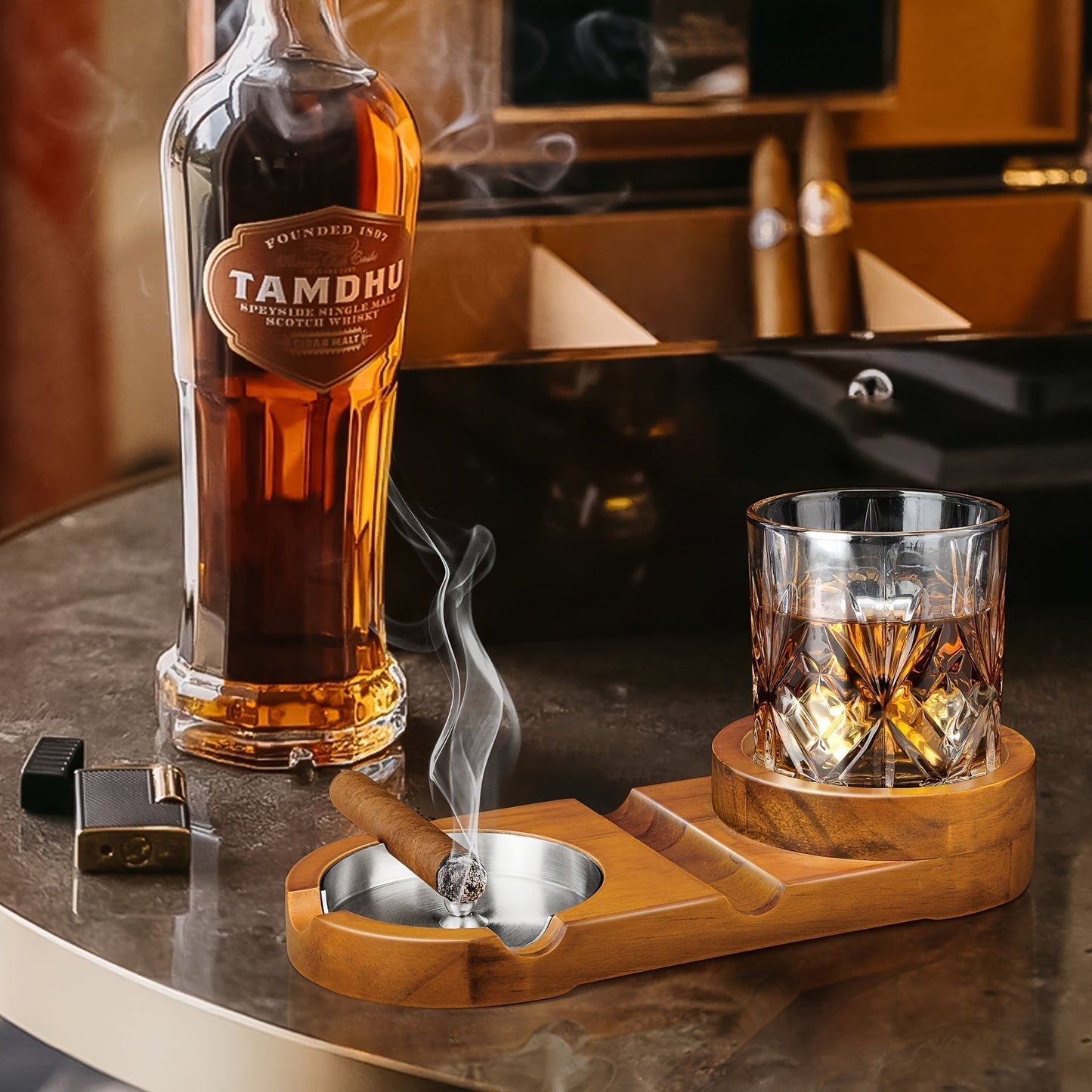 CedarWood | Luxurious Elegant Cigar Ashtray with Whiskey Glass Tray 5