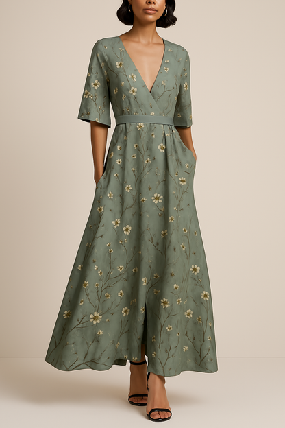 Variant image for Elegant Eve - Long Sleeve Floral Maxi Dress for Women, V-Neck A-Line-6