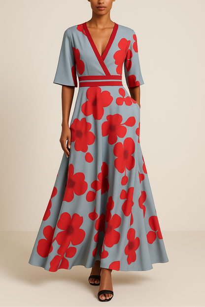 Variant image for Elegant Eve - Long Sleeve Floral Maxi Dress for Women, V-Neck A-Line-1