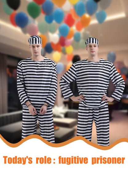 Classic Long Sleeve Halloween Prisoner Costume Set | Striped Inmate 3