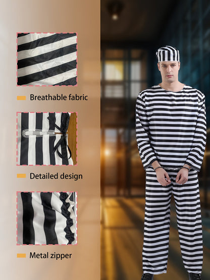 Classic Long Sleeve Halloween Prisoner Costume Set | Striped Inmate 4
