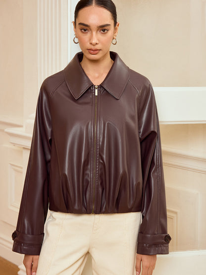Collared Zip-Up Faux Leather Jacket 2