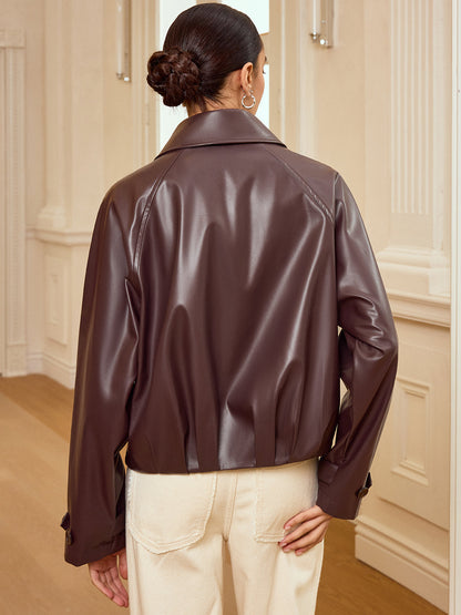Collared Zip-Up Faux Leather Jacket 5